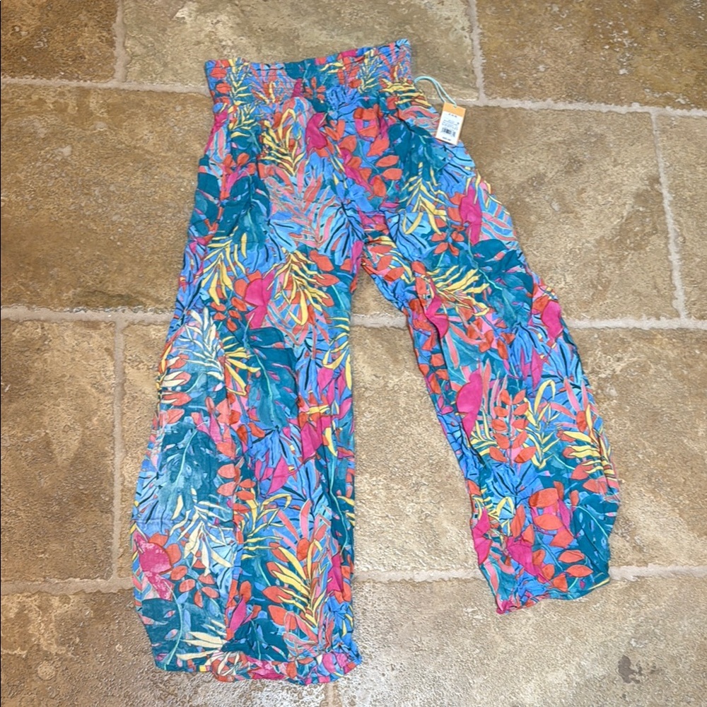 Kona Sol Blue and Pink pants with Vibrant Tropical Print small nwt
